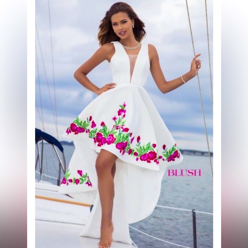 BLUSH 11272 Prom Dress with Floral Embroidery on Scuba Fabric New With Tags Sz 6